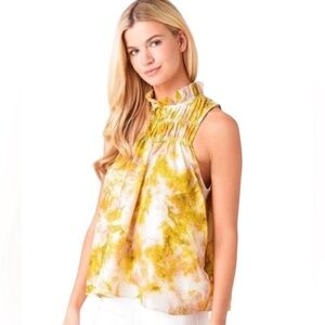 Joie Summer Porcelain Print Sleeveless Smocked Neck Boho Pastel Satin Fern Top M
